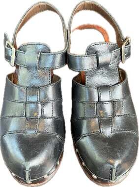 Rinaldi Black Leather Fisherman Slingback Wooden Clog Sandals, Size 35 (4.5-5)
